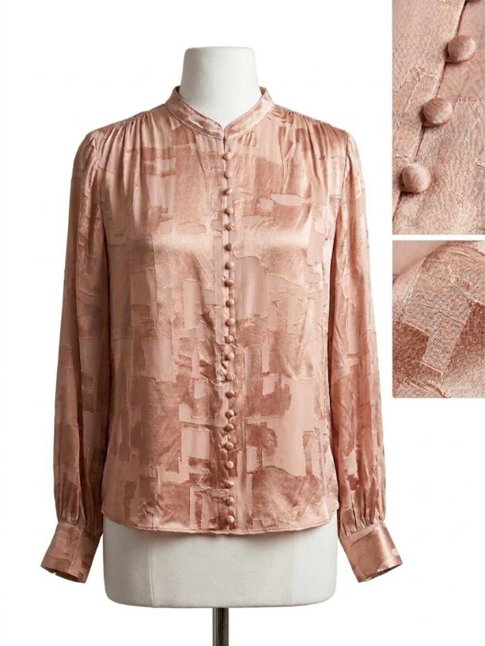 White House Black Market Dusty Pink Satin Jacquard Button Front Blouse - Picture 2 of 5